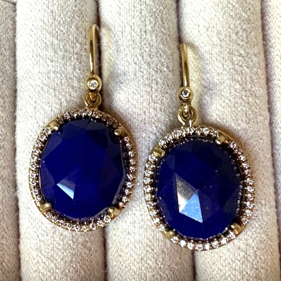 Designer IRENE NEUWIRTH 18K Yellow Gold Oval Lapis Lazuli Diamond Drop Earrings - Picture 14 of 15